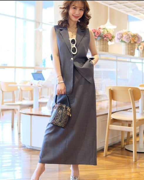 Casual Sleeveless Vest With Mid Length Skirts Sets